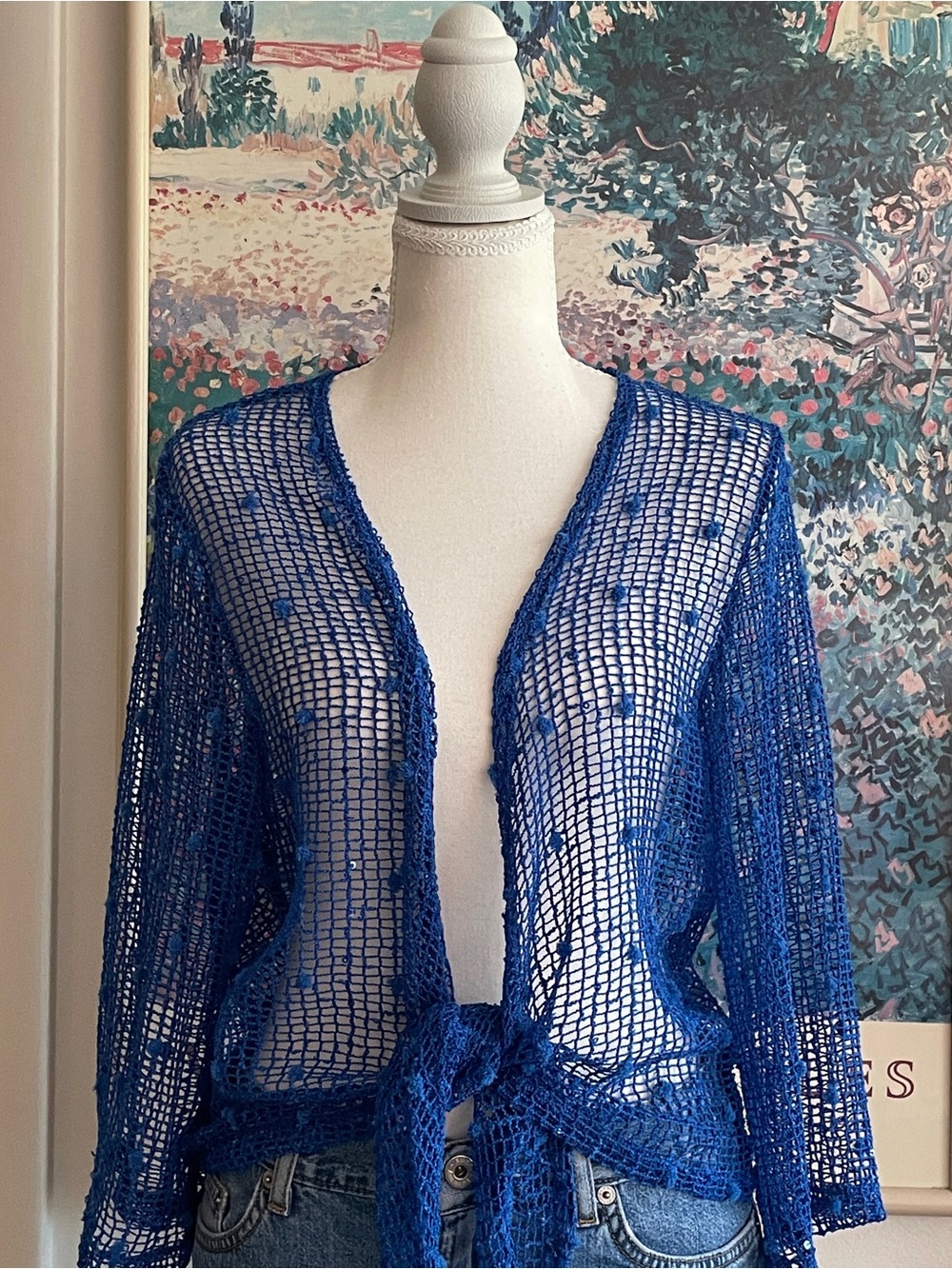Y2K Crochet Knit Bolero Large Cobalt Blue Tie Front Sequin Boho Festival